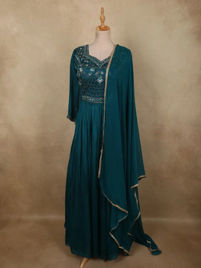 Deep Peacock Teal Blue Floral Sequins Embroidered Design Chiffon Gown With Dupatta 2
