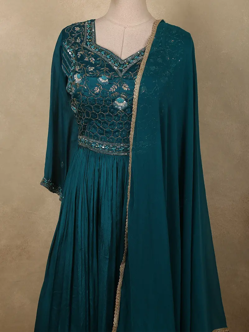 Deep Peacock Teal Blue Floral Sequins Embroidered Design Chiffon Gown With Dupatta 3