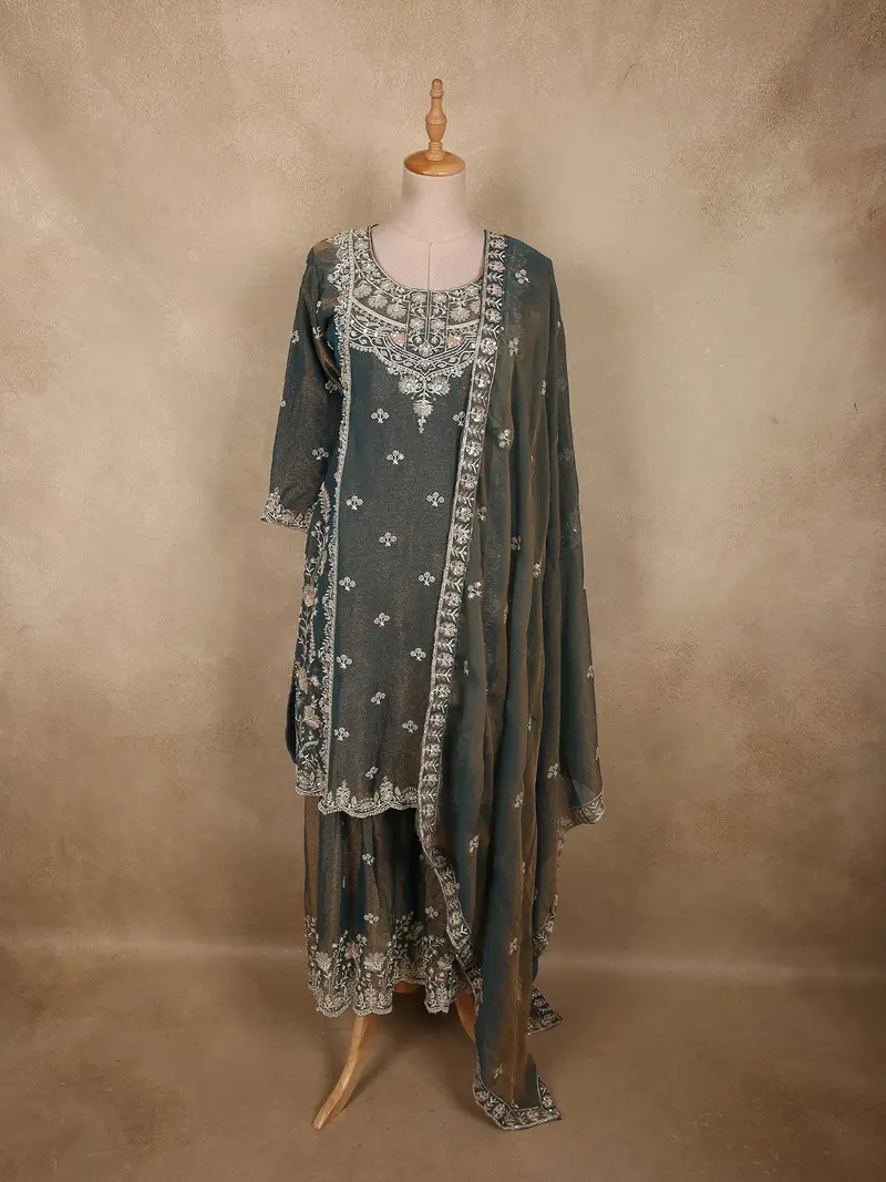 Deep Peacock Teal Blue Floral Sequins Embroidered Design Organza Sharara Suit With Dupatta 1