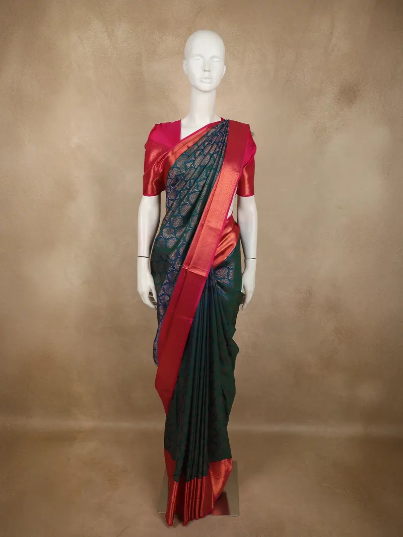 Deep Peacock Teal Blue Floral Tree Zari Woven Design Pure Kanchipuram Silk Saree With Contrast Zari Paisley Border 1