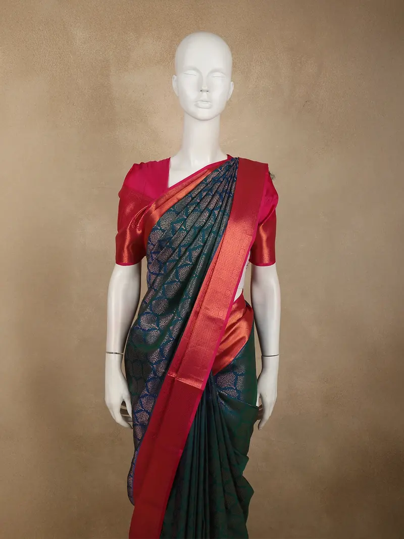 Deep Peacock Teal Blue Floral Tree Zari Woven Design Pure Kanchipuram Silk Saree With Contrast Zari Paisley Border 2