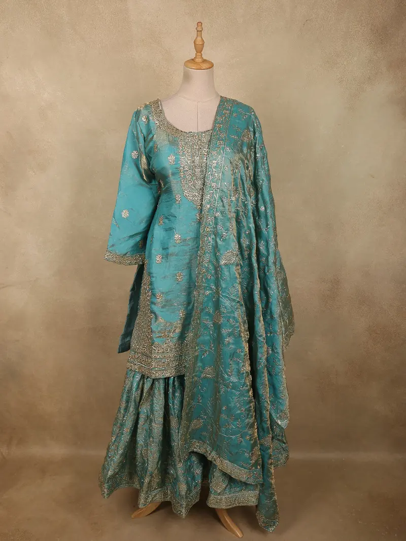 Deep Peacock Teal Blue Floral Zari Embroidered Design Organza Sharara Suit With Dupatta 1