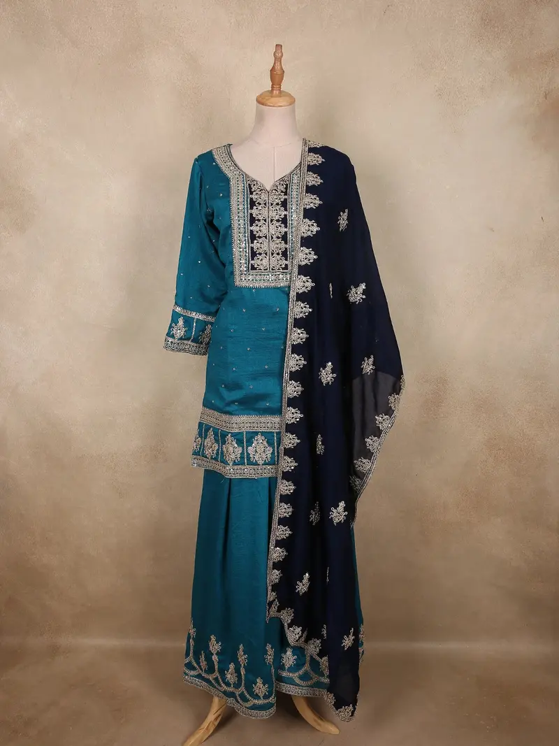Deep Peacock Teal Blue Floral Zari Embroidered Design Tussar Palazzo Suit With Contrast Dupatta 1
