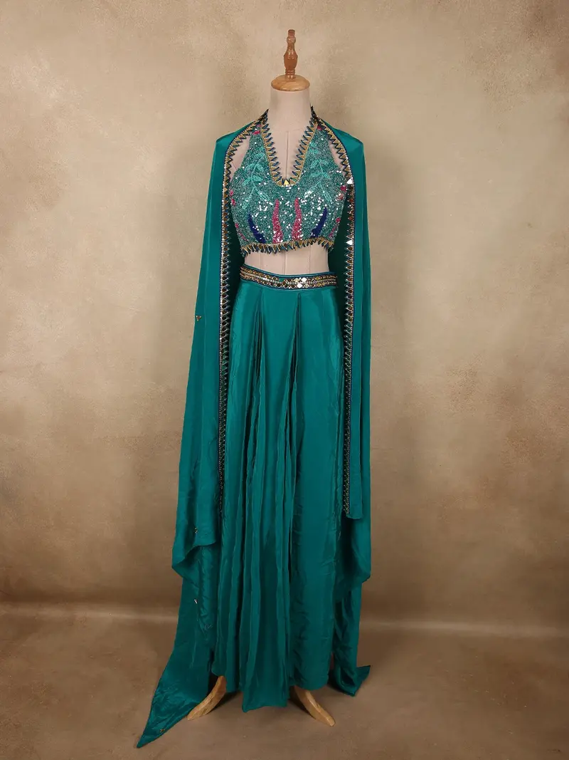 Deep Peacock Teal Blue Heavy Sequins And Mirror Embroidered Design Satin Lehenga 1
