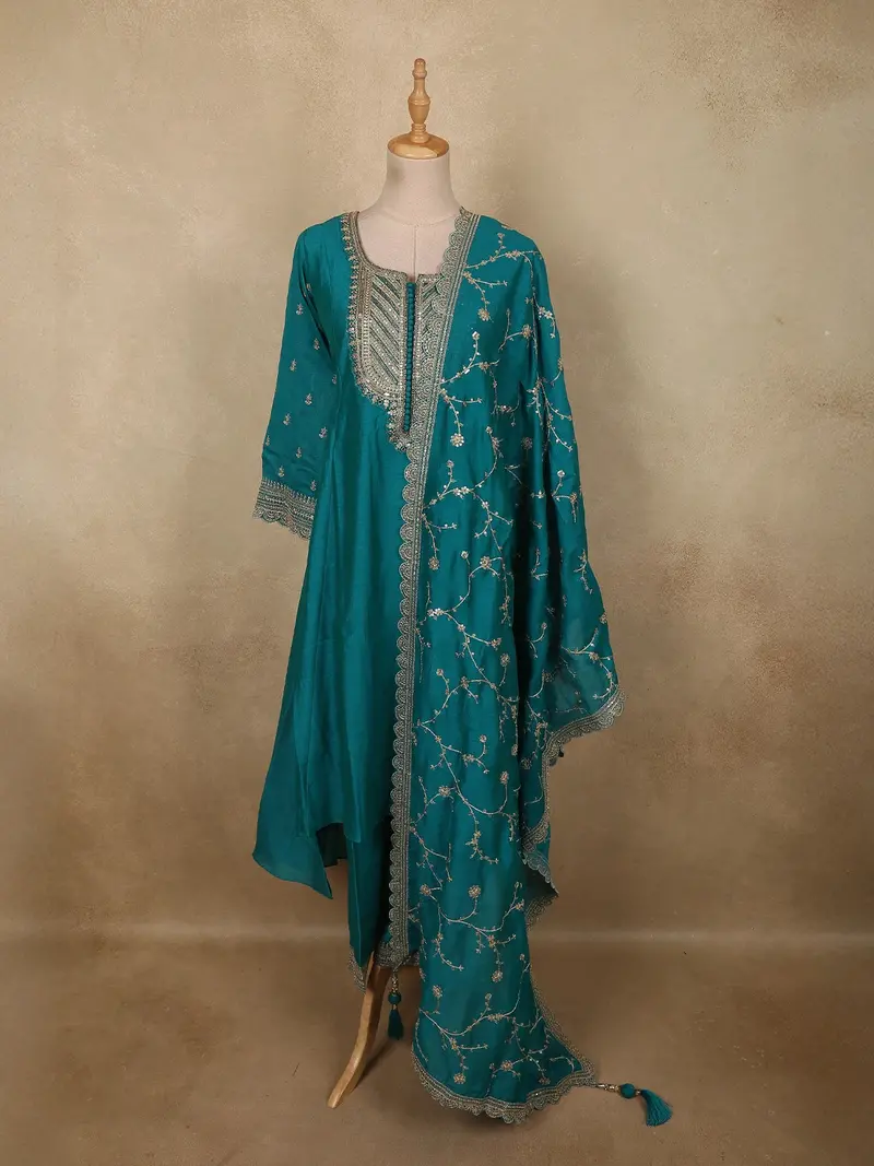 Deep Peacock Teal Blue Sequins Embroidered Design Semi Silk Salwar Suit With Designer Dupatta 1