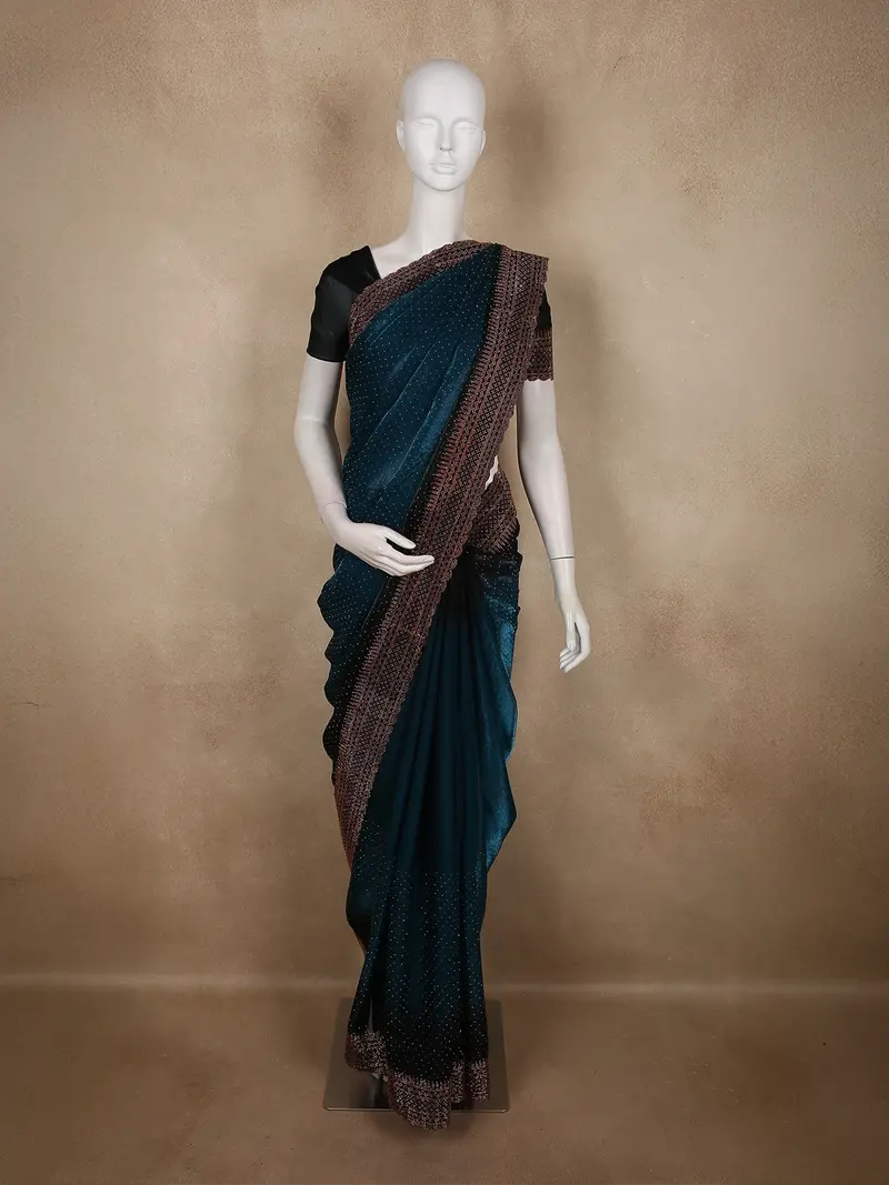 Deep Peacock Teal Blue Stone Embellished Design Organza Designer Saree 1