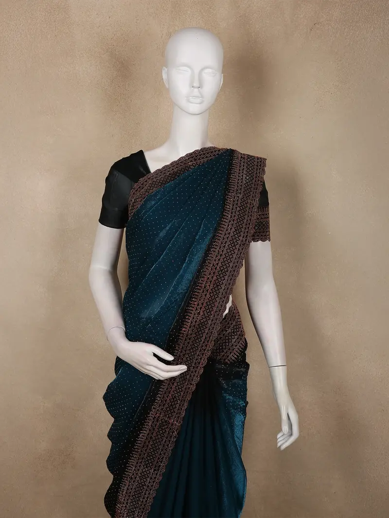 Deep Peacock Teal Blue Stone Embellished Design Organza Designer Saree 2