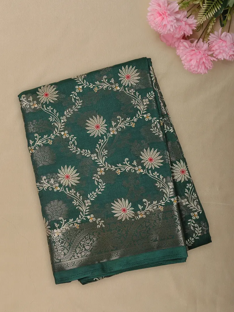Deep Peacock Teal Green Floral Vine Zari Woven Design Mixed Cotton Saree With Zari Border 1
