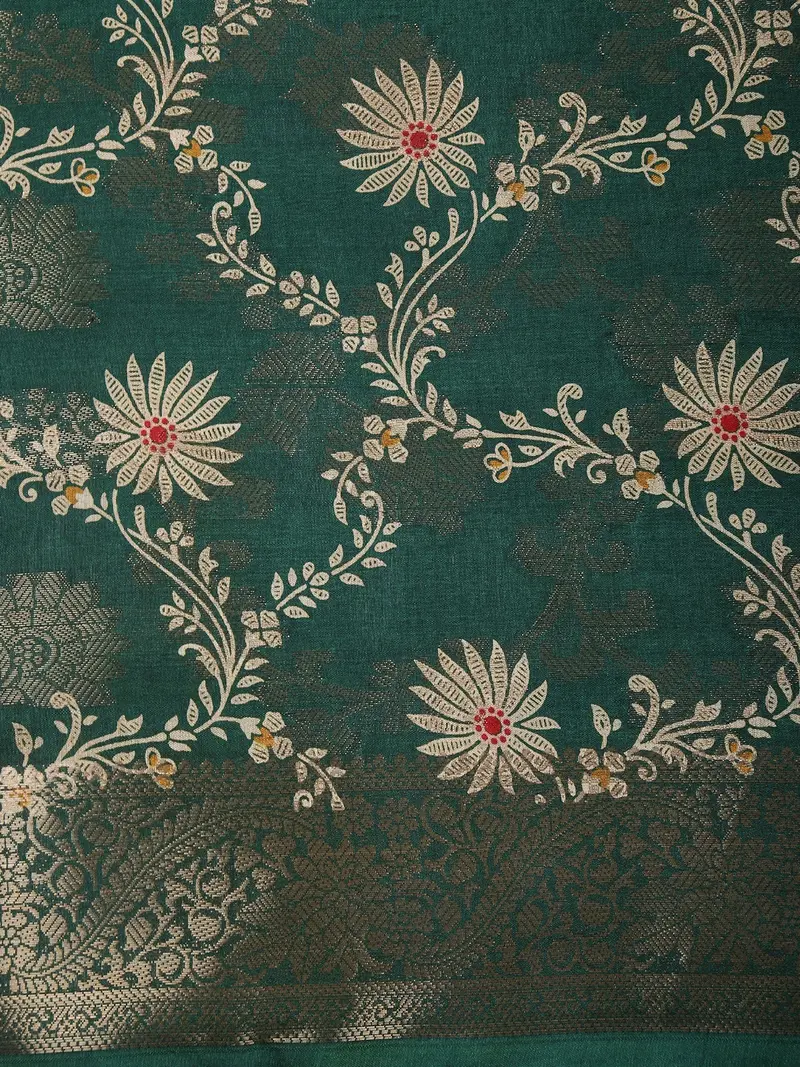 Deep Peacock Teal Green Floral Vine Zari Woven Design Mixed Cotton Saree With Zari Border 2