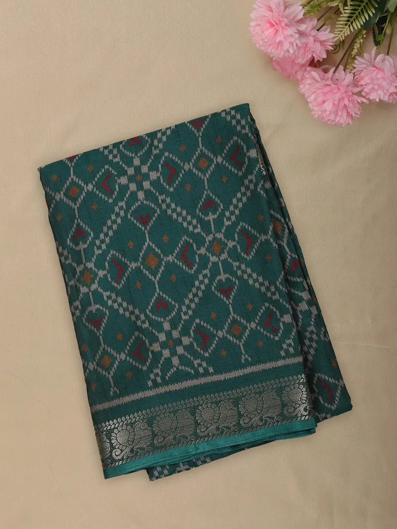 Deep Peacock Teal Green Geometric Ikat-Inspired Woven Design Mixed Cotton Saree 1