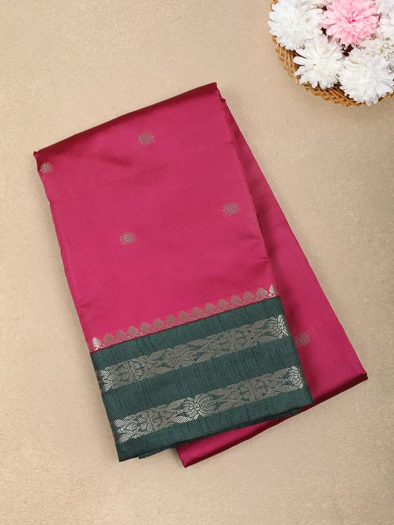 Deep Pink Butta Woven Design Soft Silk Fancy Wear Saree With Contrast Zari Border 1