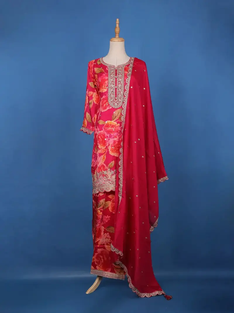 Deep Pink Embroidered Design Floral Print Tussar Silk Plazzo Salwar 1