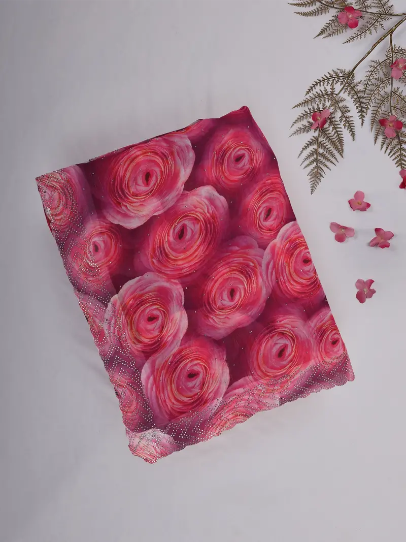 Deep Pink Floral Printed Design Chiffon Saree 1