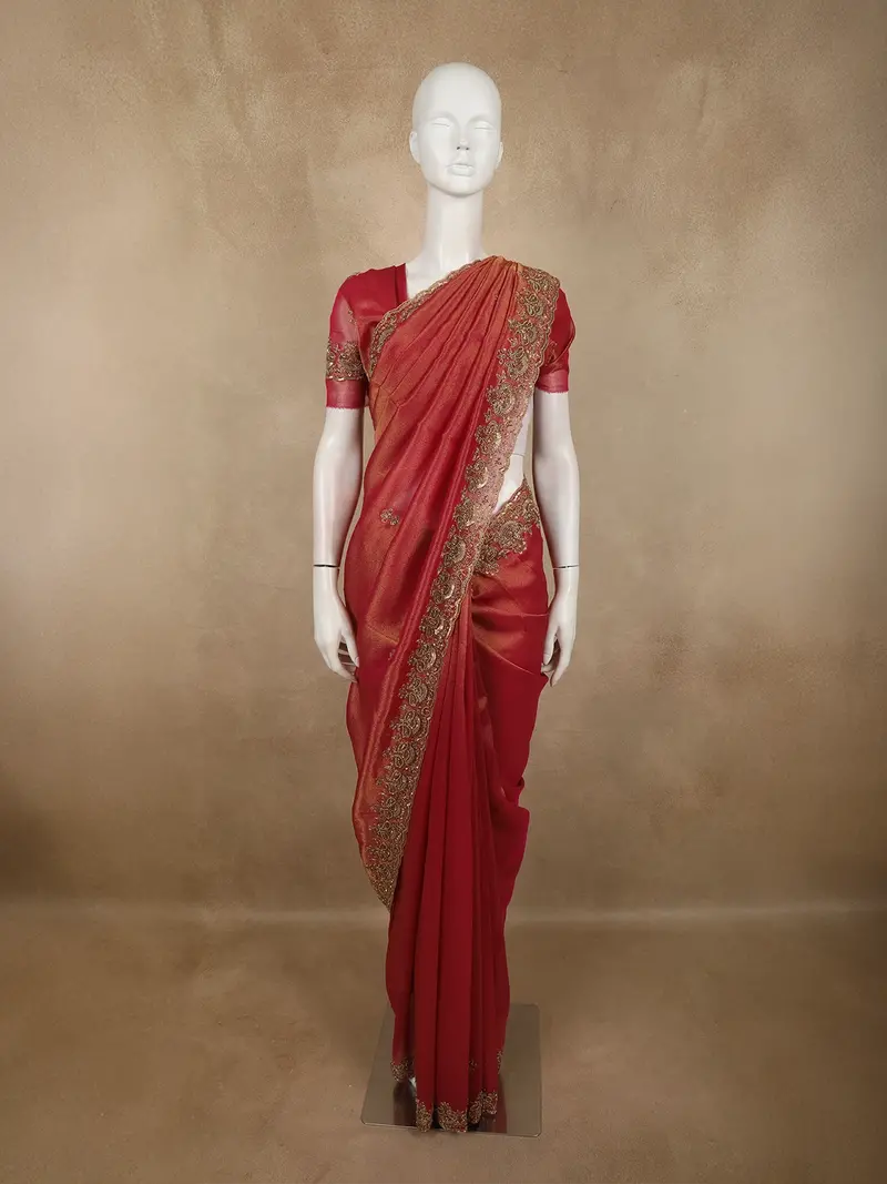 Deep Pink Floral Sequins And Beads Embroidered Design Tissue Silk Saree With Scalloped Border 1