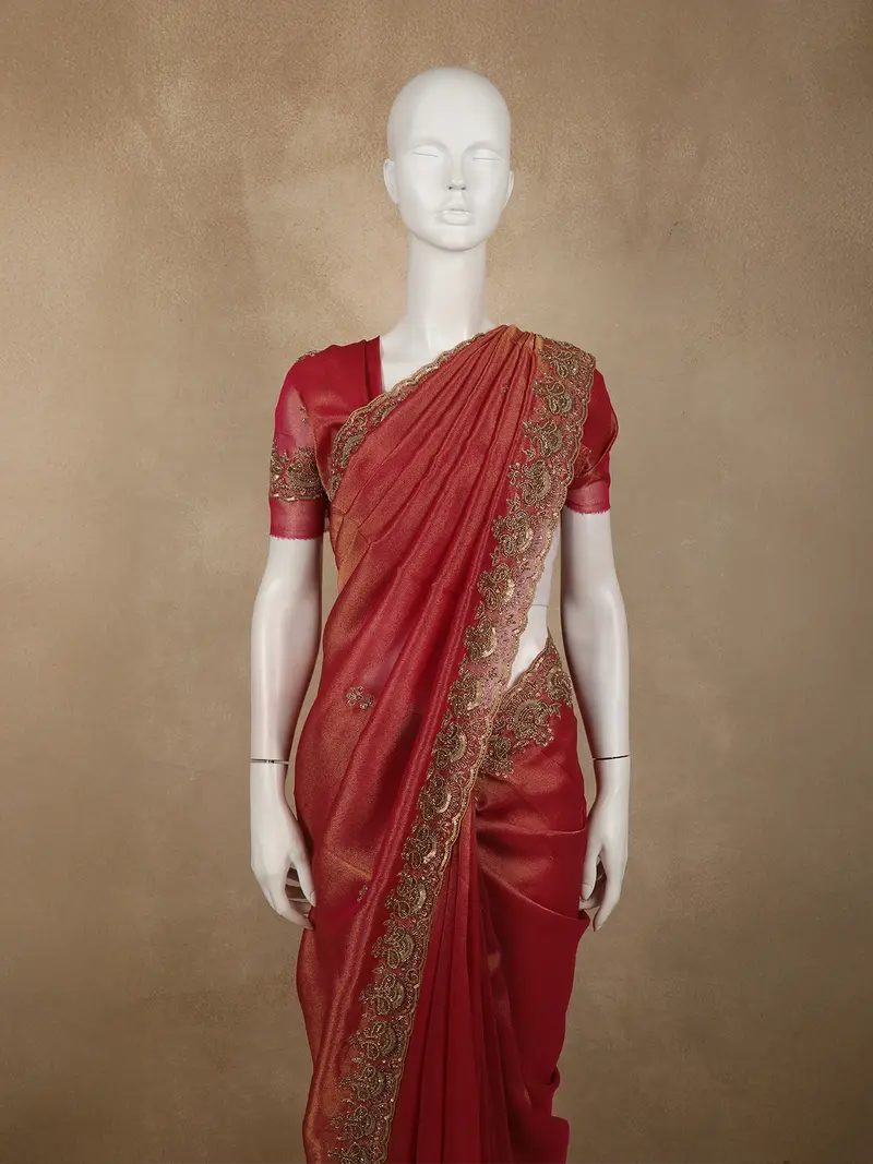 Deep Pink Floral Sequins And Beads Embroidered Design Tissue Silk Saree With Scalloped Border 2
