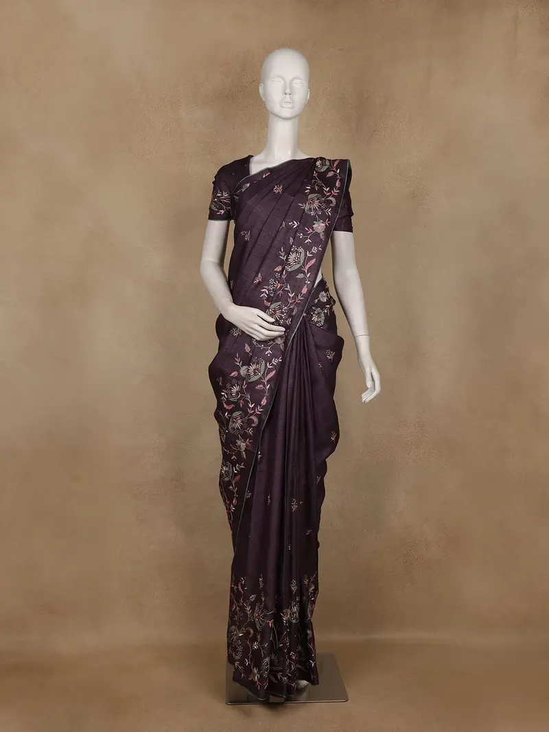 Deep Plum Floral Embroidered Tussar Silk Saree 1