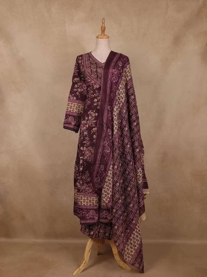 Deep Plum Floral Printed Cotton Salwar Suit With Dupatta 1