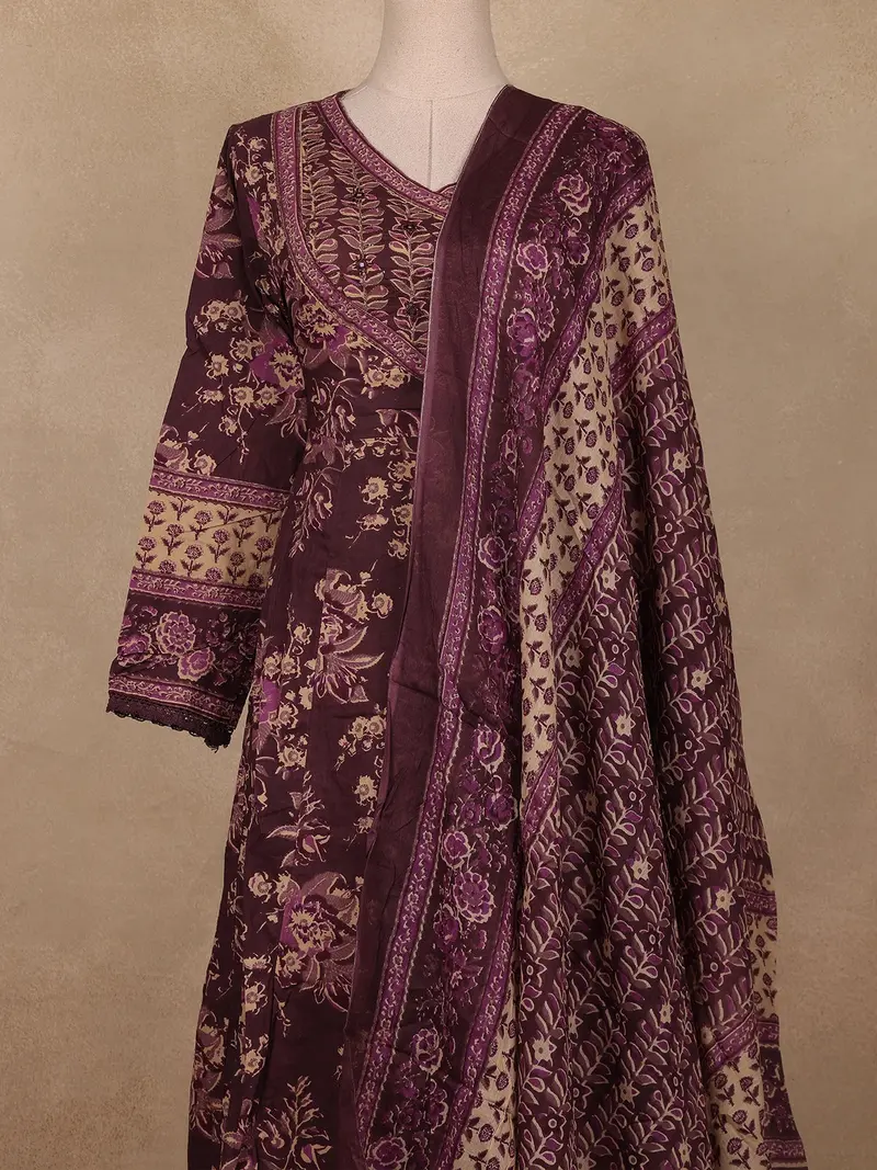 Deep Plum Floral Printed Cotton Salwar Suit With Dupatta 2