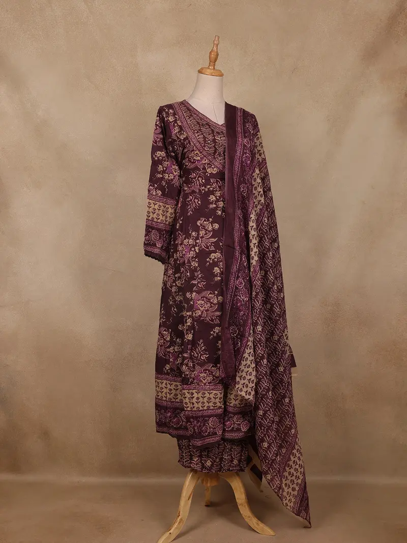 Deep Plum Floral Printed Cotton Salwar Suit With Dupatta 3