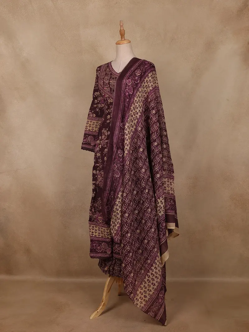 Deep Plum Floral Printed Cotton Salwar Suit With Dupatta 4