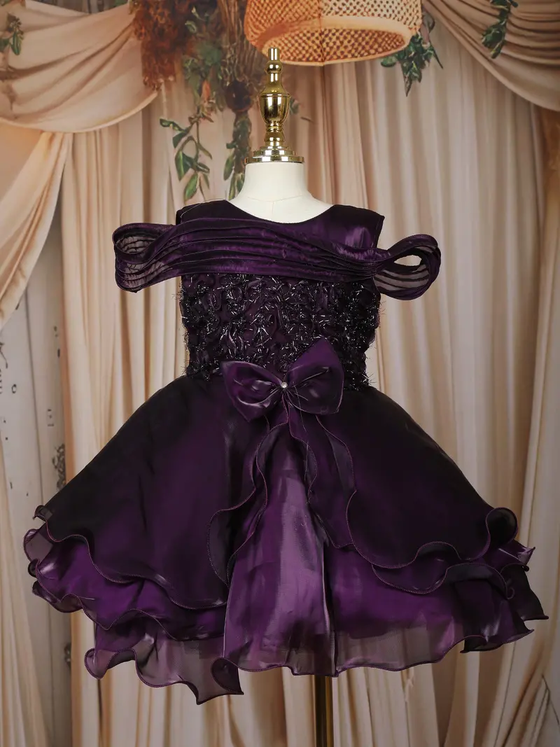 Deep Plum Layered Design Organza Party Frock With Bow Detailing 1
