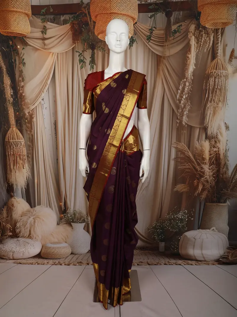 Deep Plum Purple Butta Zari Woven Design Pure Kanchipuram Silk Saree With Contrast Border 1