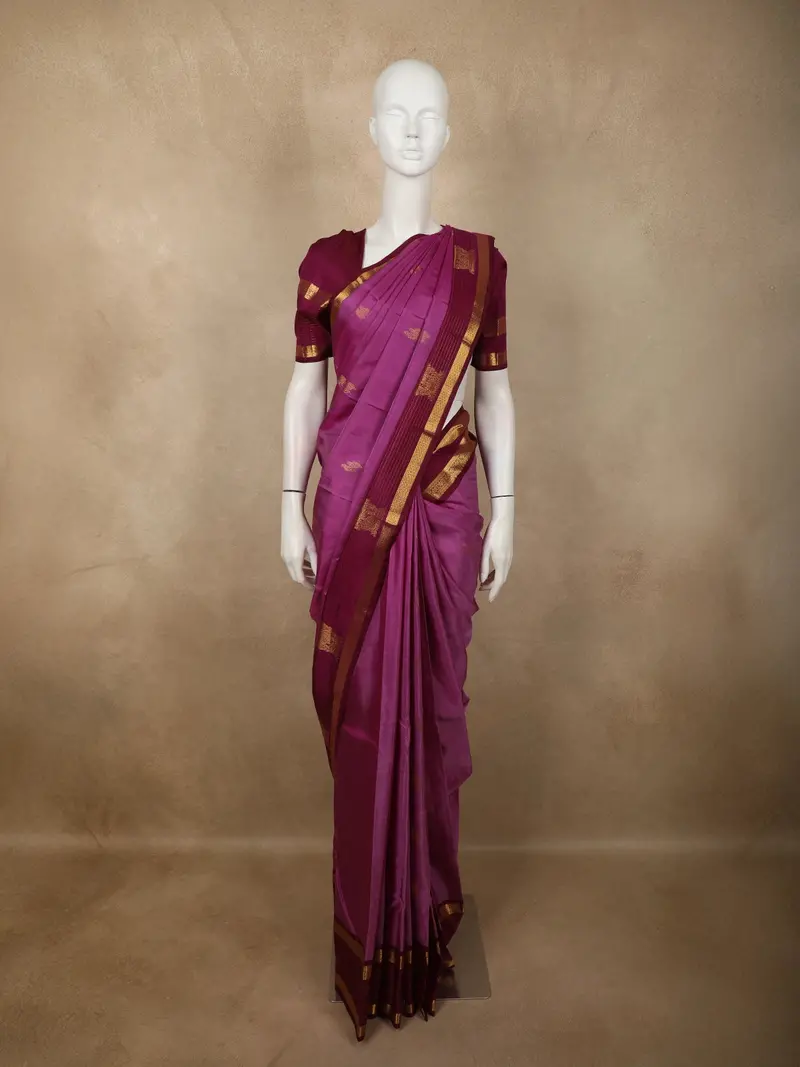 Deep Plum Purple Butta Zari Woven Design Pure Kanchipuram Silk Saree With Contrast Ornamental Zari Border 1