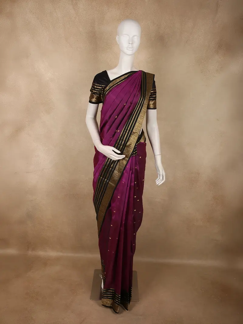 Deep Plum Purple Butta Zari Woven Design Pure Kanchipuram Silk Saree With Contrast Striped Zari Border 1