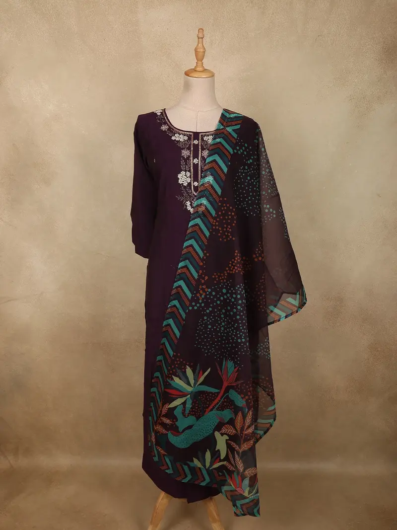 Deep Plum Purple Floral Beads Embroidered Design Cotton Palazzo Suit With Floral Dupatta 1
