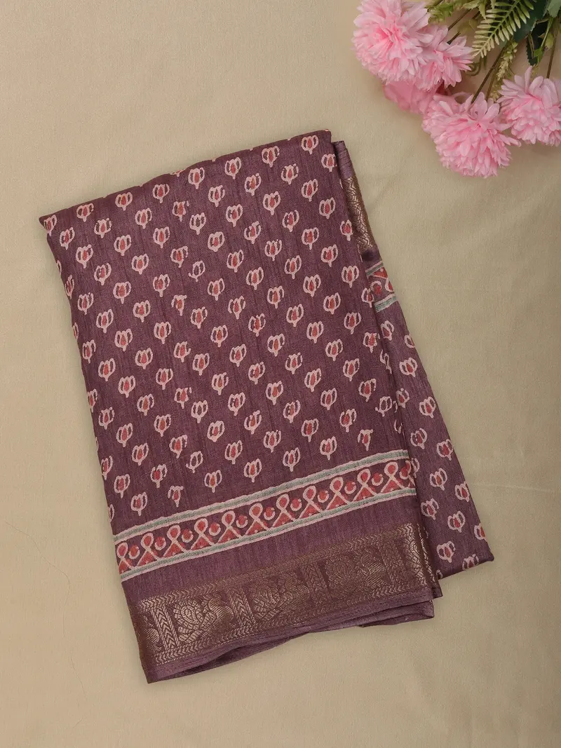 Deep Plum Purple Floral Butta Printed Design Mixed Cotton Saree 1