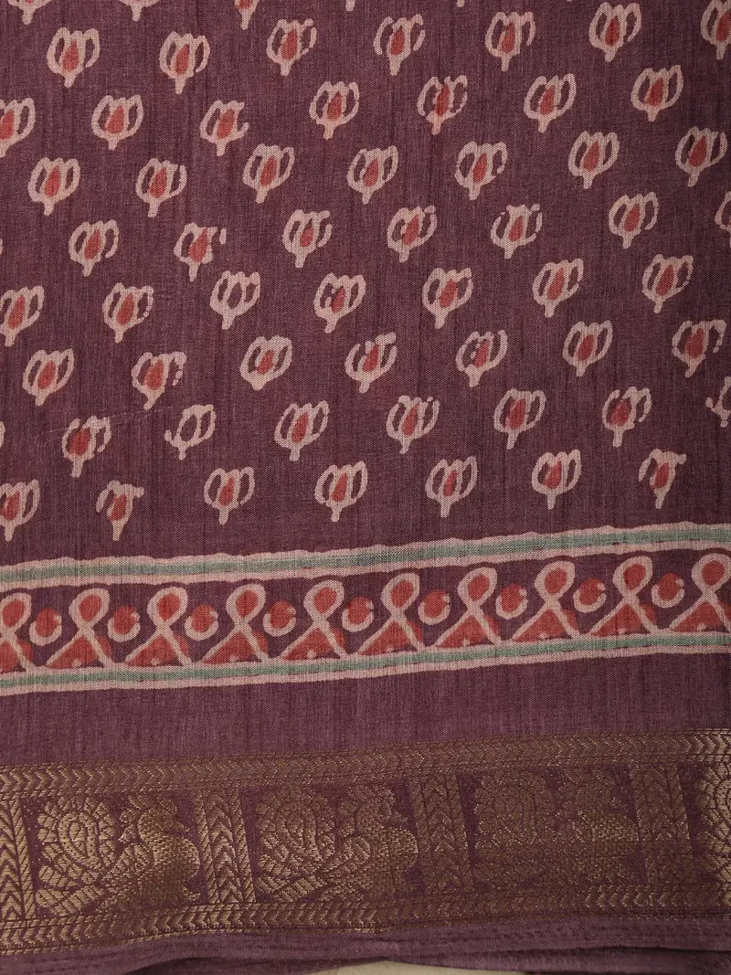 Deep Plum Purple Floral Butta Printed Design Mixed Cotton Saree 2