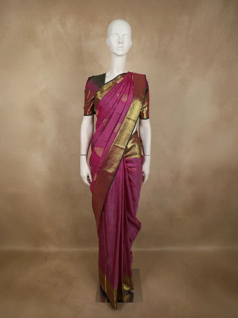 Deep Plum Purple Floral Butta Zari Woven Design Pure Kanchipuram Silk Saree With Contrast Floral Zari Border 1