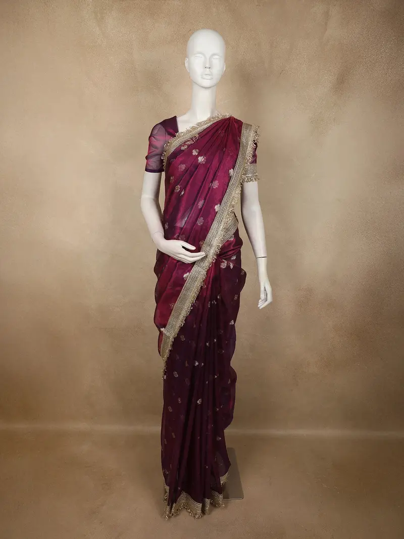 Deep Plum Purple Floral Butta Zari Woven Design Tissue Saree With Designer Lace Border 1