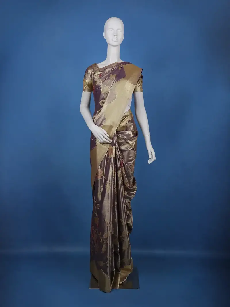 Deep Plum Purple Floral Design Tissue Saree 1