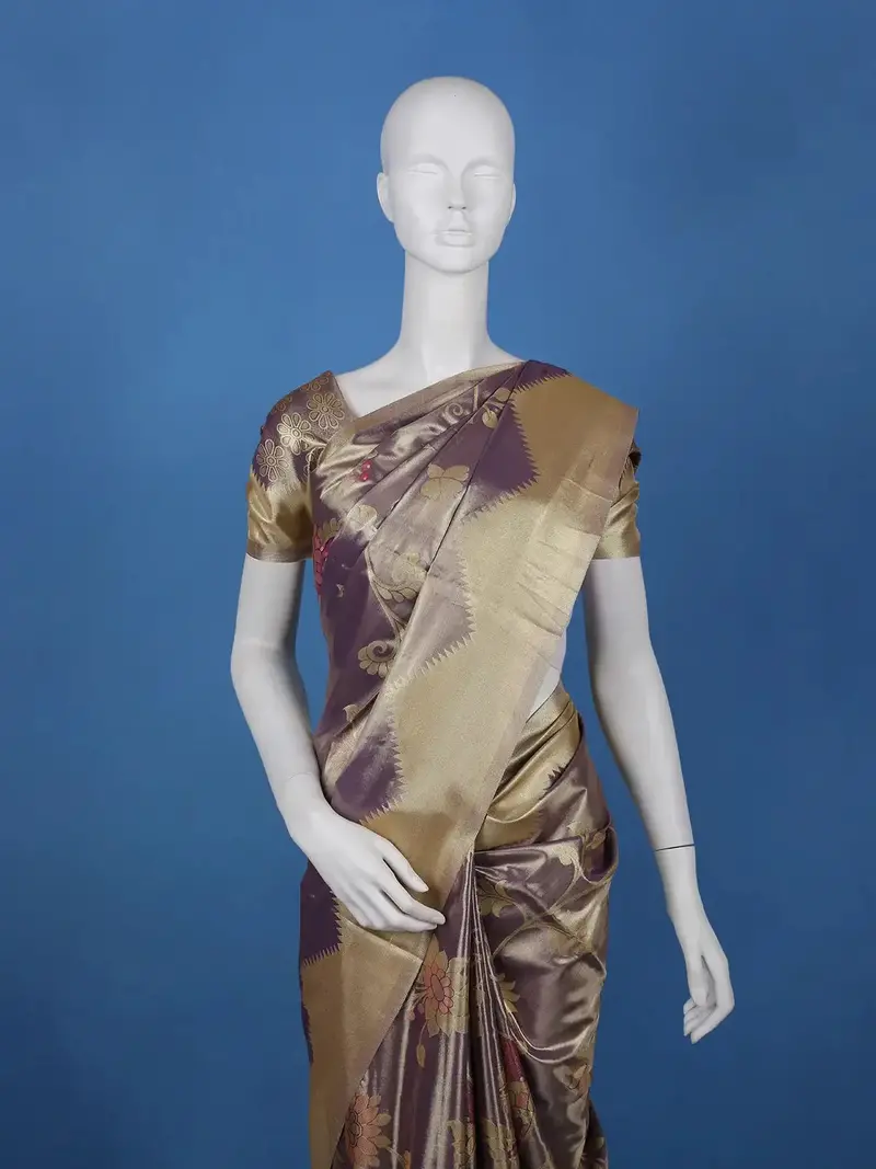 Deep Plum Purple Floral Design Tissue Saree 2