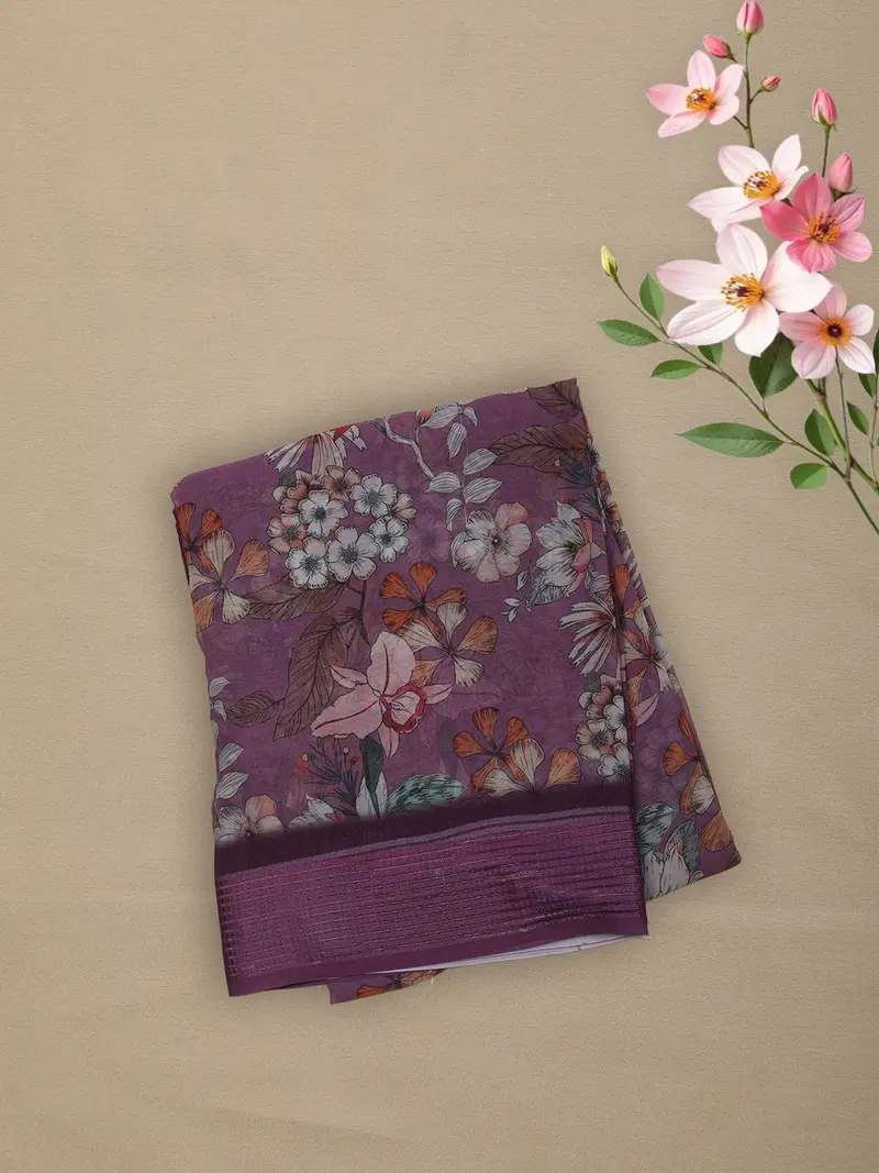 Deep Plum Purple Floral Printed Design Chiffon Saree 1