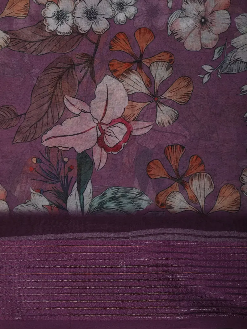 Deep Plum Purple Floral Printed Design Chiffon Saree 2