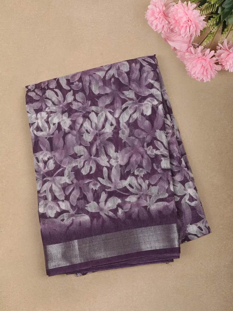 Deep Plum Purple Floral Printed Design Linen Cotton Casual Wear Saree 1
