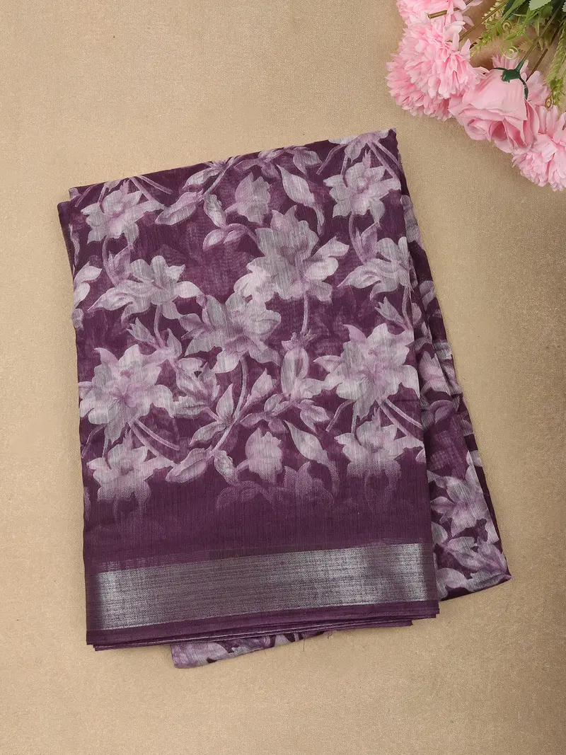 Deep Plum Purple Floral Printed Design Linen Cotton Saree With Zari Border 1