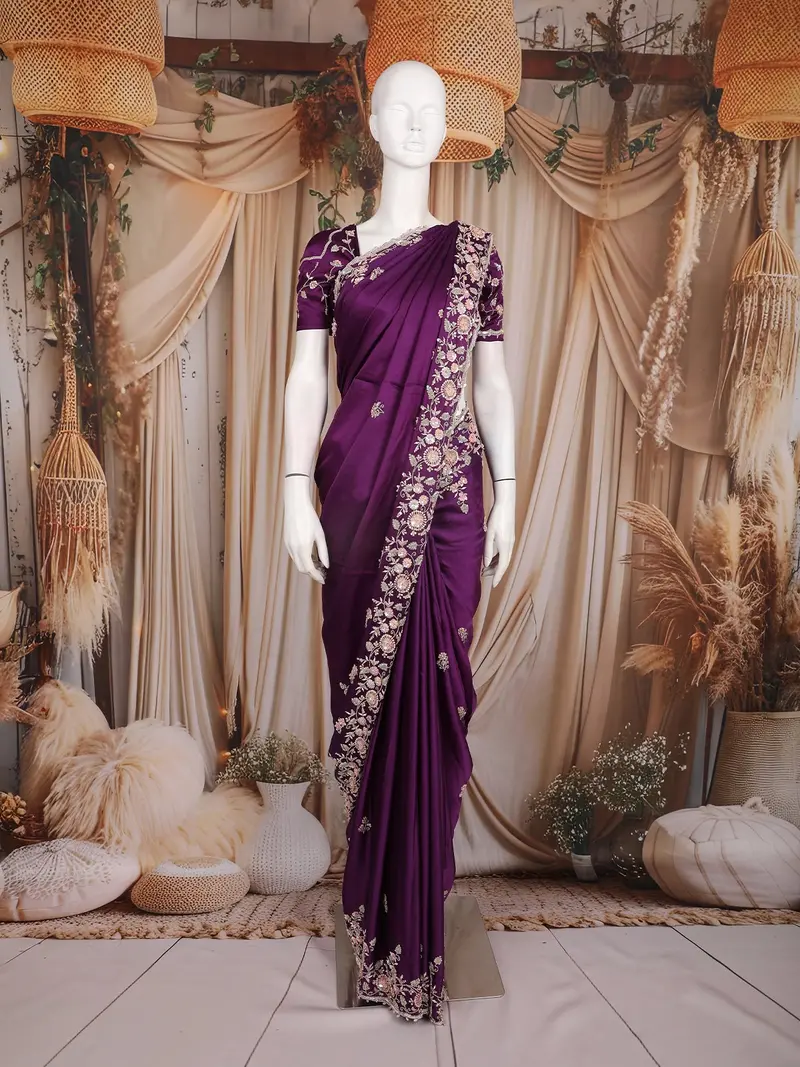 Deep Plum Purple Floral Sequins And Beads Embroidered Design Satin Party Wear Saree 1