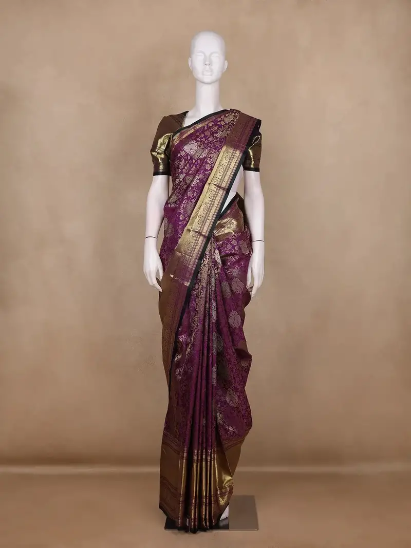 Deep Plum Purple Floral Woven Design Pure Kanchipuram Silk Saree 1