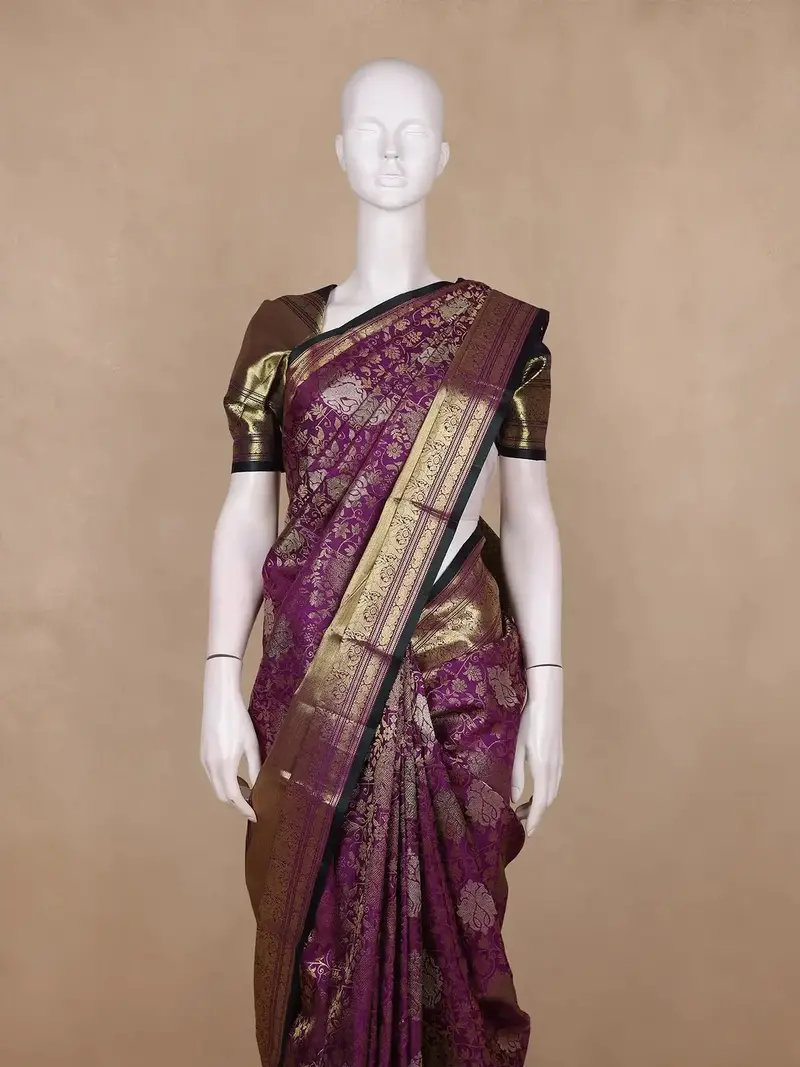 Deep Plum Purple Floral Woven Design Pure Kanchipuram Silk Saree 2