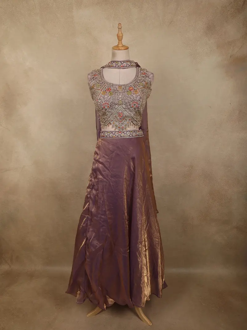 Deep Plum Purple Floral Zari Embroidered Design Organza Lehenga With Choker Dupatta 1