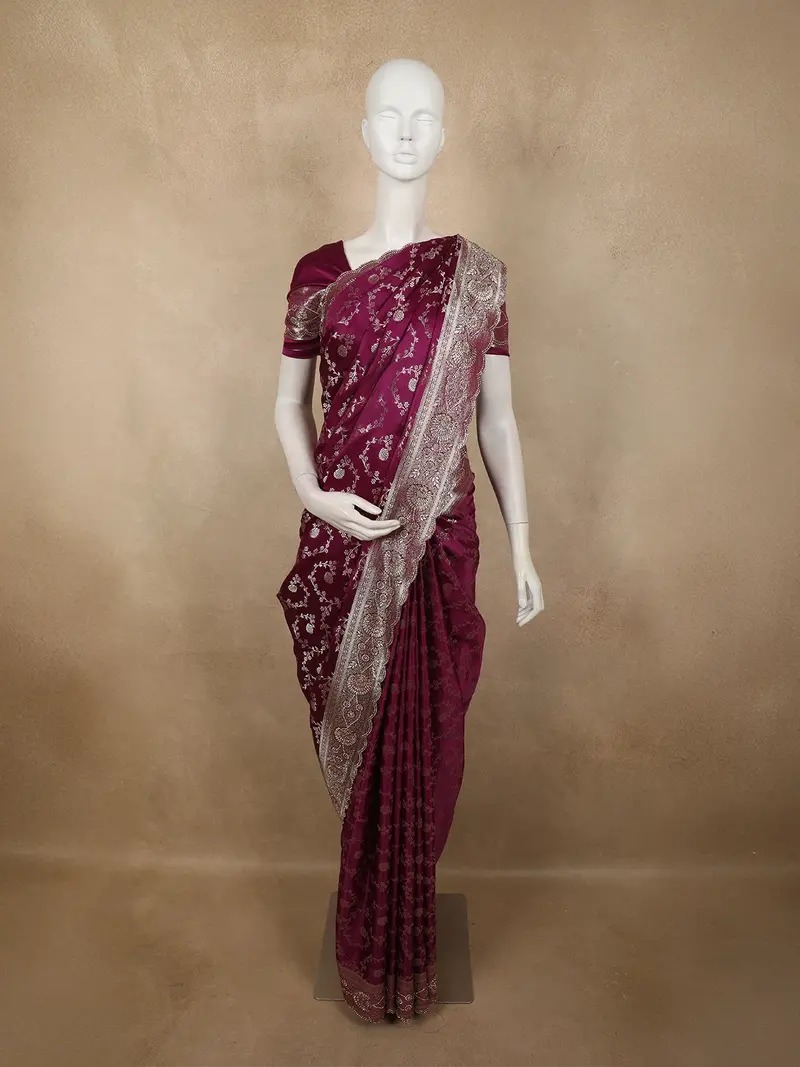 Deep Plum Purple Floral Zari Woven Design Banarasi Silk Designer Saree With Designer Border 1