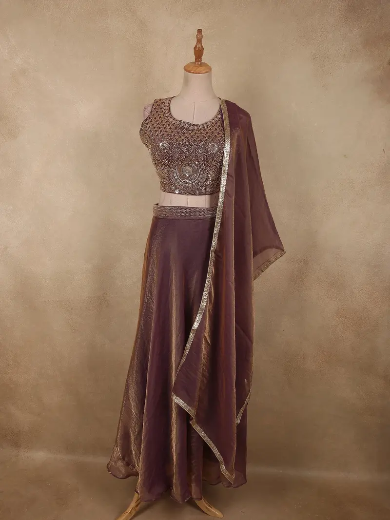 Deep Plum Purple Heavy Sequins And Beads Embroidered Design Organza Lehenga With Dupatta 1
