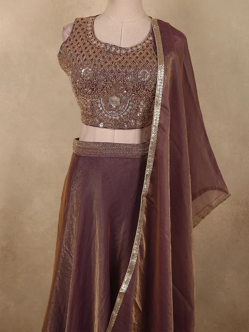 Deep Plum Purple Heavy Sequins And Beads Embroidered Design Organza Lehenga With Dupatta 2