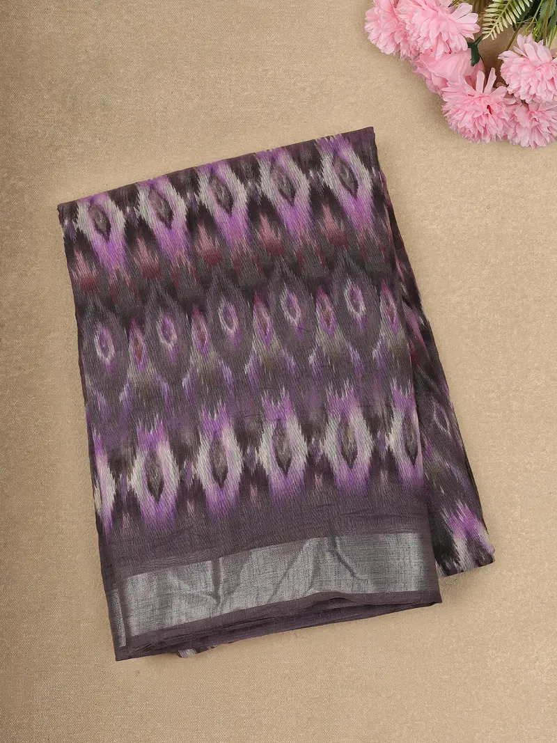 Deep Plum Purple Ikat Printed Design Linen Cotton Saree 1