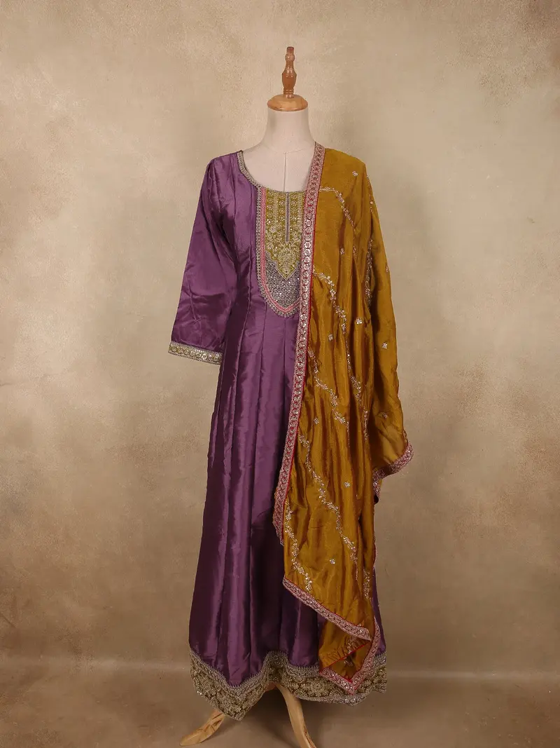 Deep Plum Purple Sequins Zari Embroidered Design Semi Silk Anarkali Gown With Contrast Dupatta 1