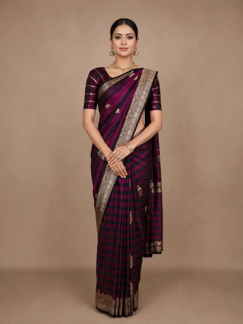 Deep Plum Purple Striped Design Pure Banarasi Saree 1