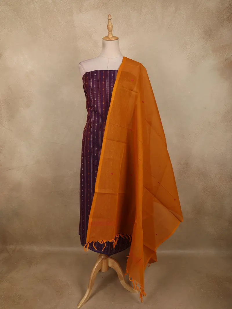 Deep Plum Purple Striped Woven Design Pure Cotton Unstitched Salwar Material With Contrast Dupatta 1